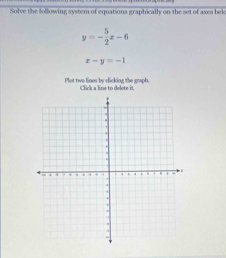 te meraphicay
Solve the following system of equations graphically on the set of axes beld
y=- 5/2 x-6
x-y=-1
Plot two lines by clicking the graph.
Click a line to delete it.