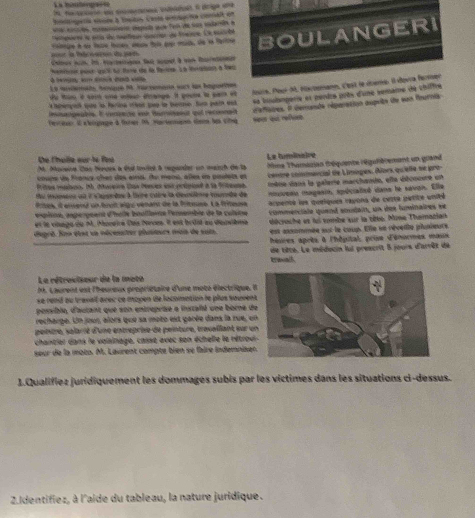 a boutéogarie
fndperia clnsce à toaltus Cesta areprica comait en
una eaiós, malateió depro sede Pa dee sra vlardn a
BOULANGERI
mpuere le ats de matea éuerer de frain. Le mocrté
aur la thérearon du jaé
anror poer qull de tare de la faricer L a fraiaon à fai
Le iendemaós, hique M. iacoemann surt las hagustión
de Buo é som une adese drange. I pouse la par vt louis. Pour M. Hisrtemann, d'est le éeme. Il dovra fermer
benyall quue la Parina rréas que la buino fua pai est sa buutangerie es perdre près d'une semame de chiffre
Dnmangeable. I coniarze ia Borangeut qei recoonaît  d'éfèires. l dernande réparation auprits de sun fournis
Pevrqur Il eengage à fanes 15 Hartemn der la clté seer ae refue
De l'hale sur l« feu Le tuminaire
M. Morene Das Noues a ded toileé à regarder un march de la
coupe de france ches des ama lu mons, alles en paulets et Hine Thomasian fréquente régulièrement un grand
frites mainnn. 1. dhureire Das Pences ent prépiont à la fritenne centre conmencial de Limoges. Aors qu'eèlle se pro-
Au momens au l's'apardee à fire caire la deviène touvde de métie dans la palerte marchande, elle découvre un
Prites, il erend un bruit sigu vénant de la Pritmuse. La friteuse  mniveau magesin, spécialisé dans le savon. Elle
expione, aspérpéant d'hulle béollance lersemble de la culsine erpente les queiques rayons de cette petite unité
commerciale quend soudai, un des luminaires se
et le vinage de M. Moreiré des Neves. Il est brdié au deudème décrache et tui tombe sur la tête. Mime Thamazian
dupré. Son étst un nécessiter plusturs main de sain. est axxommée sur le coup. Elle se révelle plusieurs
heures après à l'hôpital, prise d'énormes maix
de tiête. Le méducin lui prescrit 8 jours d'arrêt de
Pravalk
Le rétroviseur de la mote
M. Laurent est l'heureux propriétaire d'une moto électrique. I
se rend ou travail avec ce moyen de locomation le plus souven
pessible, d'autant que son entreprise e installé une borne d
recharge. Un jour, alors que sa moto est garée dans la rue, u
peintre, salarié d'une entreprise de peinture, travaillant sur u
chantier dans le voisinage, casse avec son échelle le rétrour
seur de la moto. M. Laurent compte bién se faire indemniae
1.Qualifiez juridiquement les dommages subis par les victimes dans les situations ci-dessus.
2.Identifiez, à l'aide du tableau, la nature juridique.