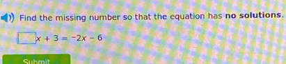 Find the missing number so that the equation has no solutions.
□ x+3=-2x-6
Submit