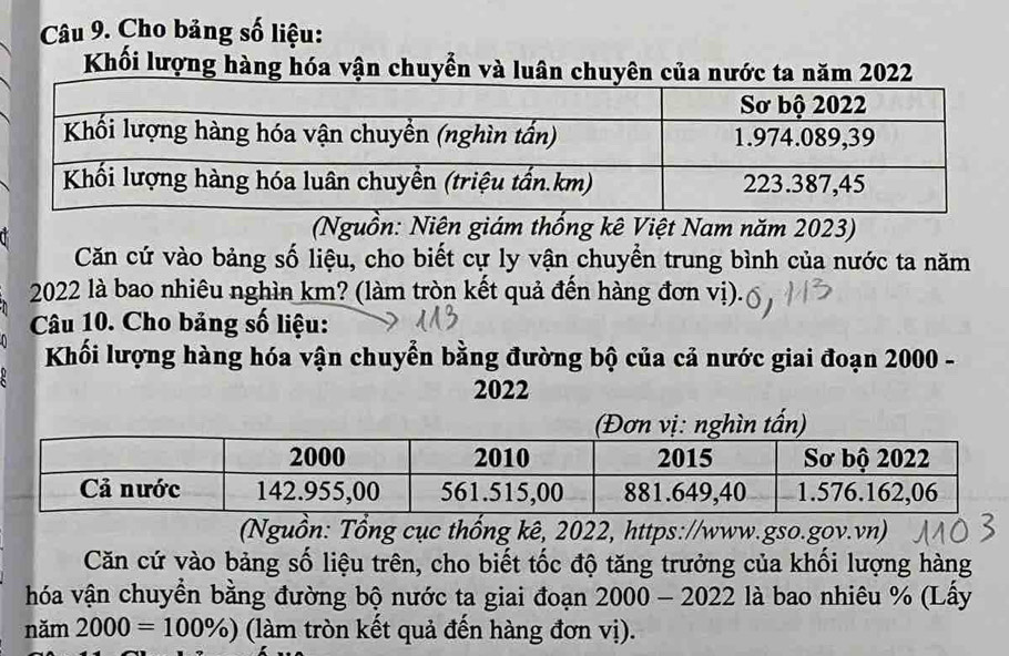 Cho bảng số liệu: 
Khối lượng hàng hóa vận chuyễn và luân 
(Nguồn: Niên giám thống kê Việt Nam năm 2023) 
Căn cứ vào bảng số liệu, cho biết cự ly vận chuyền trung bình của nước ta năm
2022 là bao nhiêu nghìn km? (làm tròn kết quả đến hàng đơn vị). 
Câu 10. Cho bảng số liệu: 
Khối lượng hàng hóa vận chuyển bằng đường bộ của cả nước giai đoạn 2000 - 
2022 
(Đơn vị: nghìn tấn) 
(Nguồn: Tổng cục thống kê, 2022, https://www.gso.gov.vn) 
Căn cứ vào bảng số liệu trên, cho biết tốc độ tăng trưởng của khổi lượng hàng 
hóa vận chuyển bằng đường bộ nước ta giai đoạn 2000 - 2022 là bao nhiêu % (Lấy 
năm 2000=100% ) (làm tròn kết quả đến hàng đơn vị).