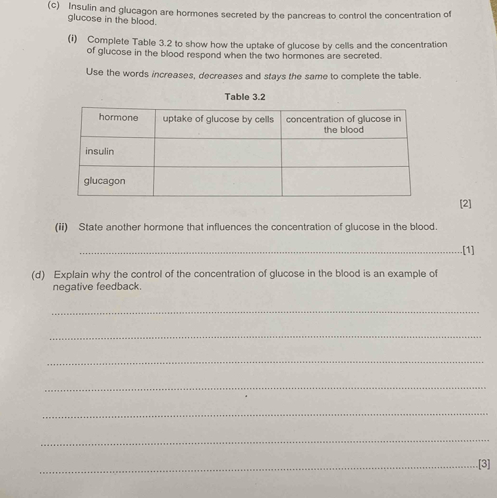 Insulin and glucagon are hormones secreted by the pancreas to control the concentration of 
glucose in the blood. 
(i) Complete Table 3.2 to show how the uptake of glucose by cells and the concentration 
of glucose in the blood respond when the two hormones are secreted. 
Use the words increases, decreases and stays the same to complete the table. 
Table 3.2 
[2] 
(ii) State another hormone that influences the concentration of glucose in the blood. 
_[1] 
(d) Explain why the control of the concentration of glucose in the blood is an example of 
negative feedback. 
_ 
_ 
_ 
_ 
_ 
_ 
_[3]