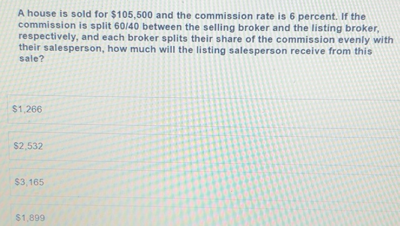 Solved: A house is sold for $105,500 and the commission rate is 6 ...