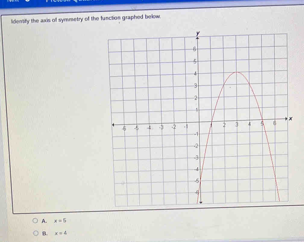 ldentify the axis of symmetry of the function graphed below.
A. x=5
B. x=4