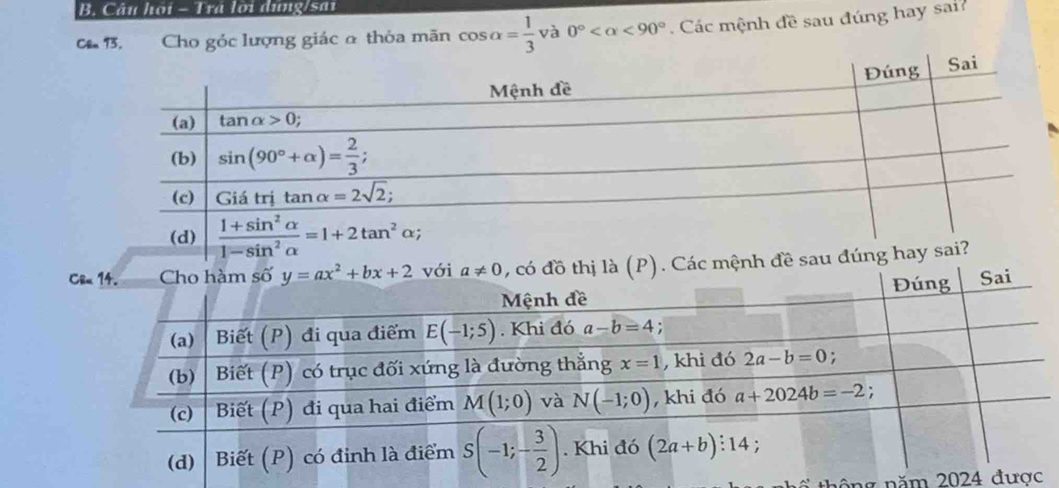 Câu họi - Trã lời dưng/sai
C B, Cho góc lượng giác α thỏa mãn cos alpha = 1/3  và 0° <90°.  Các mệnh đề sau đúng hay sai
(P). Các mệnh
nông năm 2024 được