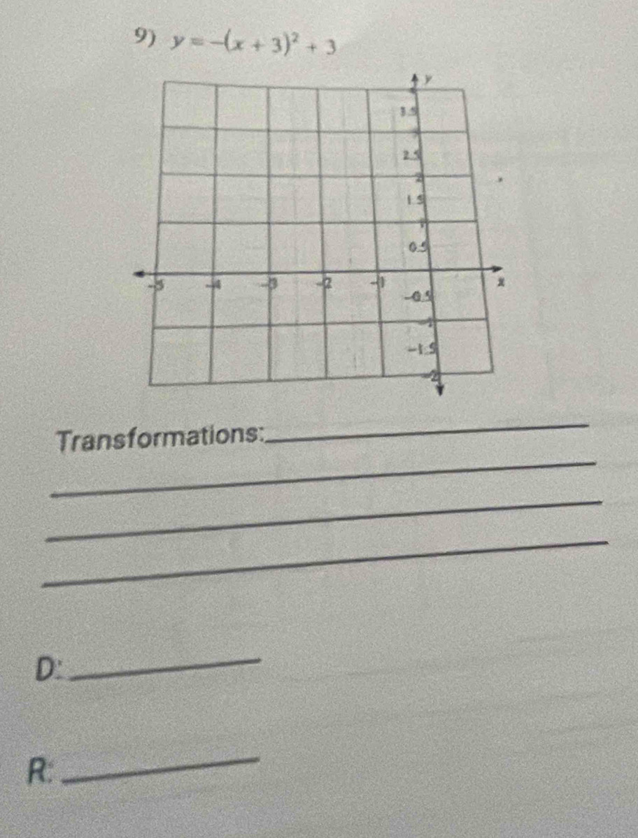 y=-(x+3)^2+3
_ 
Transformations: 
_ 
_ 
_ 
D: 
_ 
R: 
_