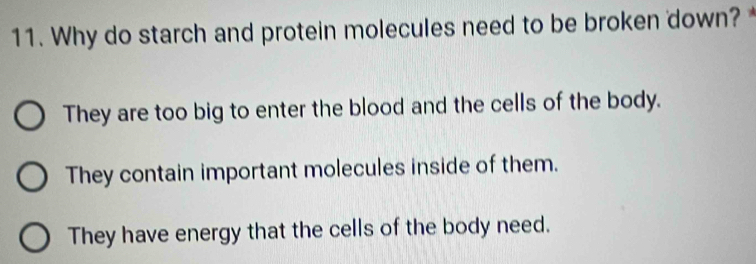 Why do starch and protein molecules need to be broken down?
They are too big to enter the blood and the cells of the body.
They contain important molecules inside of them.
They have energy that the cells of the body need.