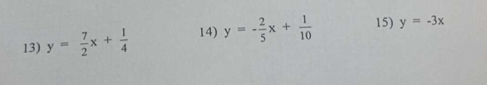 y=-3x
14)
13) y= 7/2 x+ 1/4  y=- 2/5 x+ 1/10 