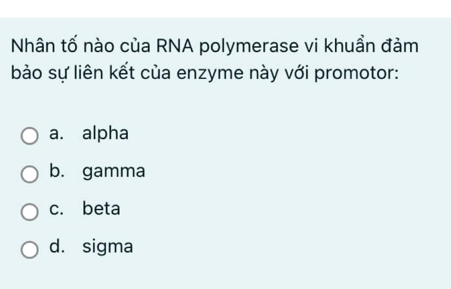 Nhân tố nào của RNA polymerase vi khuẩn đảm
bảo sự liên kết của enzyme này với promotor:
a. alpha
b. gamma
c. beta
d. sigma