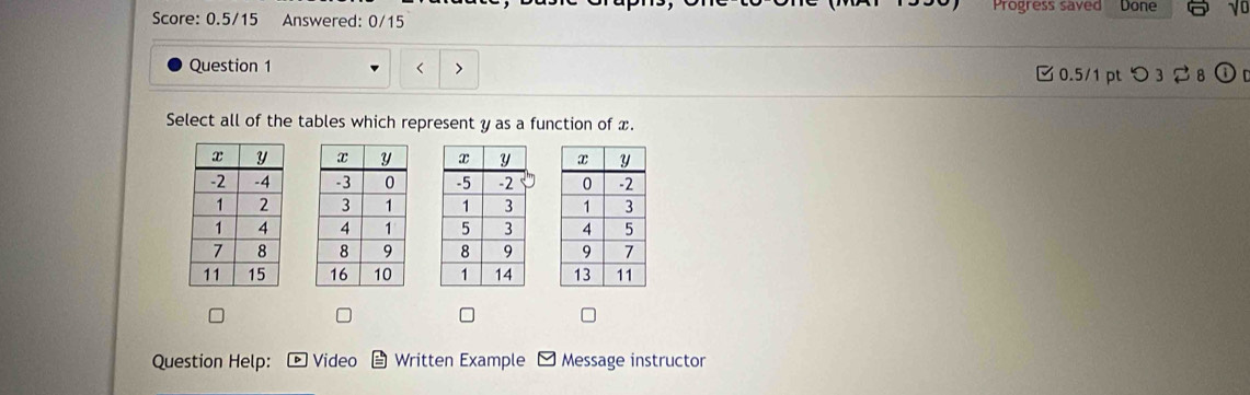 Progress saved Done 
Score: 0.5/15 Answered: 0/15 
< > 
Question 1 0.5/1 pt つ3 
Select all of the tables which represent y as a function of x. 






Question Help: Video Written Example Message instructor