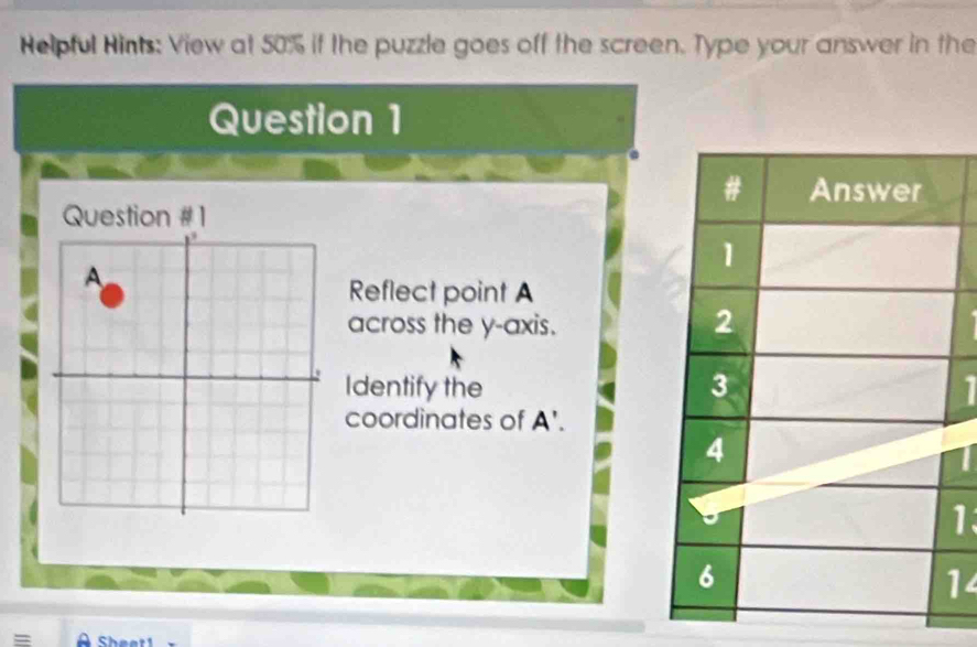 Helpful Hints: View at 50% if the puzzle goes off the screen. Type your answer in the 
Question 1 
Reflect point A
across the y-axis. 
Identify the 
coordinates of A'. 
U
1
14
=