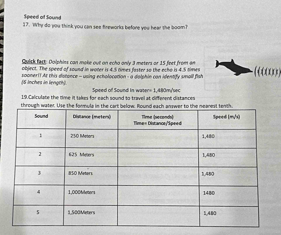 Speed of Sound 
17. Why do you think you can see fireworks before you hear the boom? 
Quick fact: Dolphins can make out an echo only 3 meters or 15 feet from an 
object. The speed of sound in water is 4.5 times faster so the echo is 4.5 times
sooner!! At this distance - using echolocation - a dolphin can identify small fish 
(_ XXX) 
(6 inches in length). 
Speed of Sound In wate r=1,480m/sec
19.Calculate the time it takes for each sound to travel at different distances