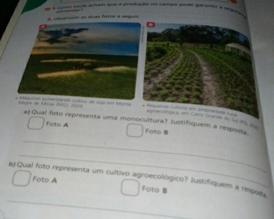 como vocês acham que a produção no campo pode garantir a seguran 
alimentar ? 
2. Observem as duas fotos a seguir. 
Alegre de Minas (MG), 2020 
* Prquenos culevos em propredade naca 
agroecológica, em Cerro Grande do 'd (6) 212) 
a) Qual foto representa uma monocultura? Justifiquem a resposta 
Foto A Foto B 
_ 
_ 
_ 
b) Qual foto representa um cultivo agroecológico? Justifiquem a resposa 
Foto A 
Foto B