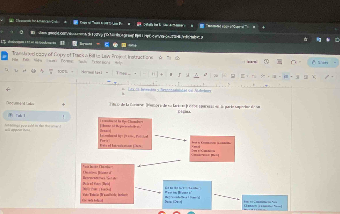 Classwork for American Civic Copy of Track a Bill to Law Pr Details for S. 134: Alzheimer' Translated copy of Copy of Tr 
docs.google.com/document/d/10DVg_j1X3OHbD4gFnej1EjVLLHpE-oWlVKr-pkd7OHU/edit?tab=t.0 
Csheboygan k12 wi.us bookmarks Skyward * Home 
Translated copy of Copy of Track a Bill to Law Project Instructions ☆ 
File Edit View Insert Format Tools Extensions Help s kami Share
100% Normal text Times , 11 + B I U - 
:≡ ，。 i≡ - x 
a. Ley de Inversión y Responsabilidad del Alzheimer 
b. 
Document tabs + Título de la factura: [Nombre de su factura]: debe aparecer en la parte superior de su 
página. 
Tab 1 
; 
Introduced in the Chamber: 
Headings you add to the document [House of Representatives / 
will appear here. Senate] 
Introduced by: [Name, Political 
Party] Sent to Committee: [Committee 
Date of Introduction: [Date] Name] 
Date of Committee 
Consideration: [Date] 
Vote in the Chamber: 
Chamber: [House of 
Representatives / Senate] 
Date of Vote: [Date] 
Did it Pass: [Yes/No] On to the Next Chamber: 
Went to: [House of 
Vote Totals: [If available, include Representatives / Senate] 
the vote totals] Date: [Datc] Sent to Committee in New 
Chamber: [Committee Name] 
te of Committes