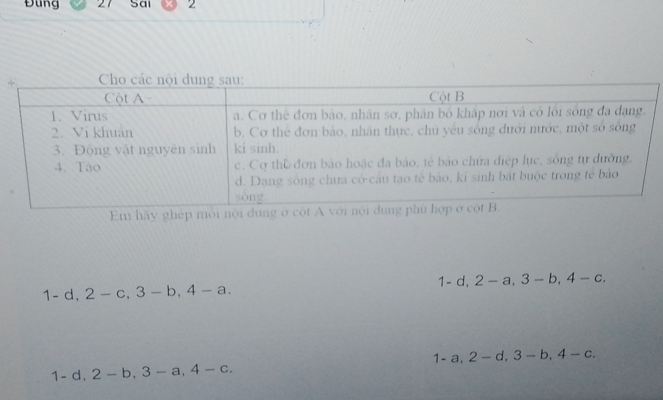 Đung 27 Sai 2 
Em hãy ghép
1-d, 2-a, 3-b, 4-c. 
1 - d, 2-c, 3-b, 4-a.
1-a, 2-d, 3-b, 4-c.
1-d. 2-b, 3-a, 4-c.