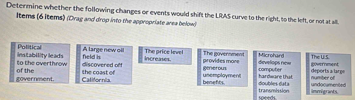 Determine whether the following changes or events would shift the LRAS curve to the right, to the left, or not at all.
ltems (6 items) (Drag and drop into the appropriate area below)
Political A large new oil The price level The government Microhard
instability leads field is increases. provides more develops new The U.S.
to the overthrow discovered off generous computer deports a large government
of the the coast of unemployment hardware that number of
government. California. benefits. doubles data undocumented
transmission immigrants.
speeds.