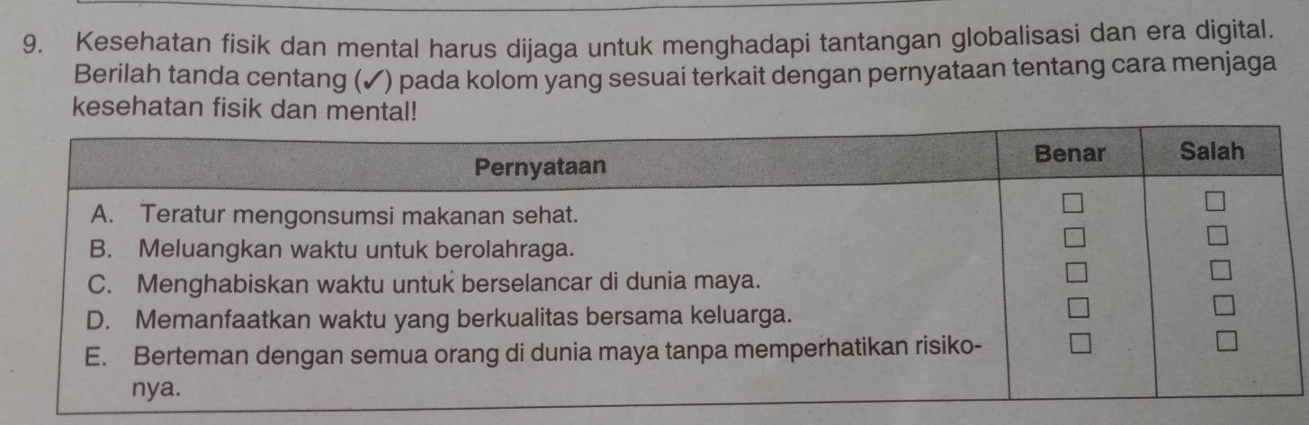 Kesehatan fisik dan mental harus dijaga untuk menghadapi tantangan globalisasi dan era digital. 
Berilah tanda centang (✓) pada kolom yang sesuai terkait dengan pernyataan tentang cara menjaga 
kesehatan fisik dan