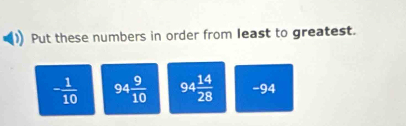 Put these numbers in order from least to greatest.
- 1/10  94 9/10  94 14/28  -94