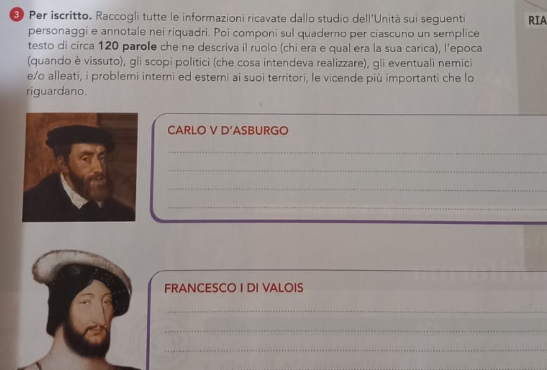 ③ Per iscritto. Raccogli tutte le informazioni ricavate dallo studio dell'Unità sui seguenti RIA 
personaggi e annotale nei riquadri. Poi componi sul quaderno per ciascuno un semplice 
testo di circa 120 parole che ne descriva il ruolo (chi era e qual era la sua carica), l’epoca 
(quando è vissuto), gli scopi politici (che cosa intendeva realizzare), gli eventuali nemici 
e/o alleati, i problemi interni ed esterni ai suoi territori, le vicende più importanti che lo 
riguardano. 
_ 
CARLO V D'ASBURGO 
_ 
_ 
_ 
_ 
FRANCESCO I DI VALOIS 
_ 
_ 
_