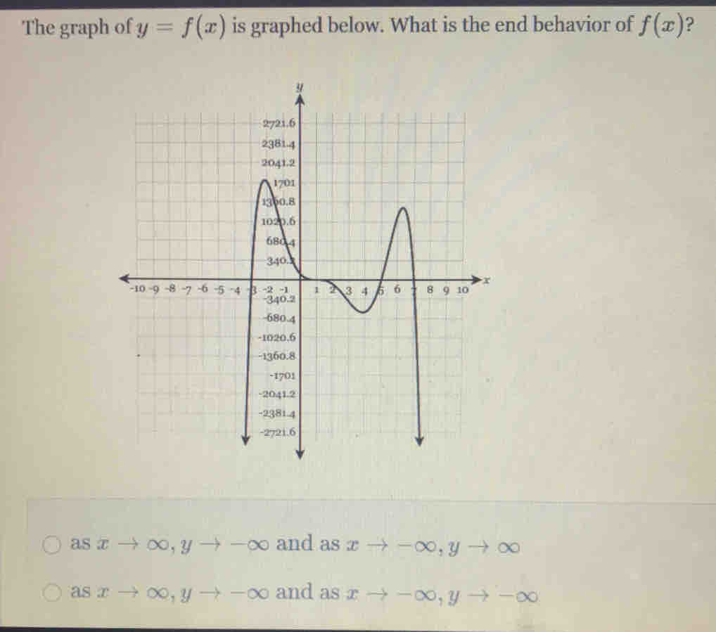 The graph of y=f(x) is graphed below. What is the end behavior of f(x) ?
as π ∈fty , yto -∈fty and as xto -∈fty , yto ∈fty
as r ∞ , yto -∈fty and as xto -∈fty , yto -∈fty