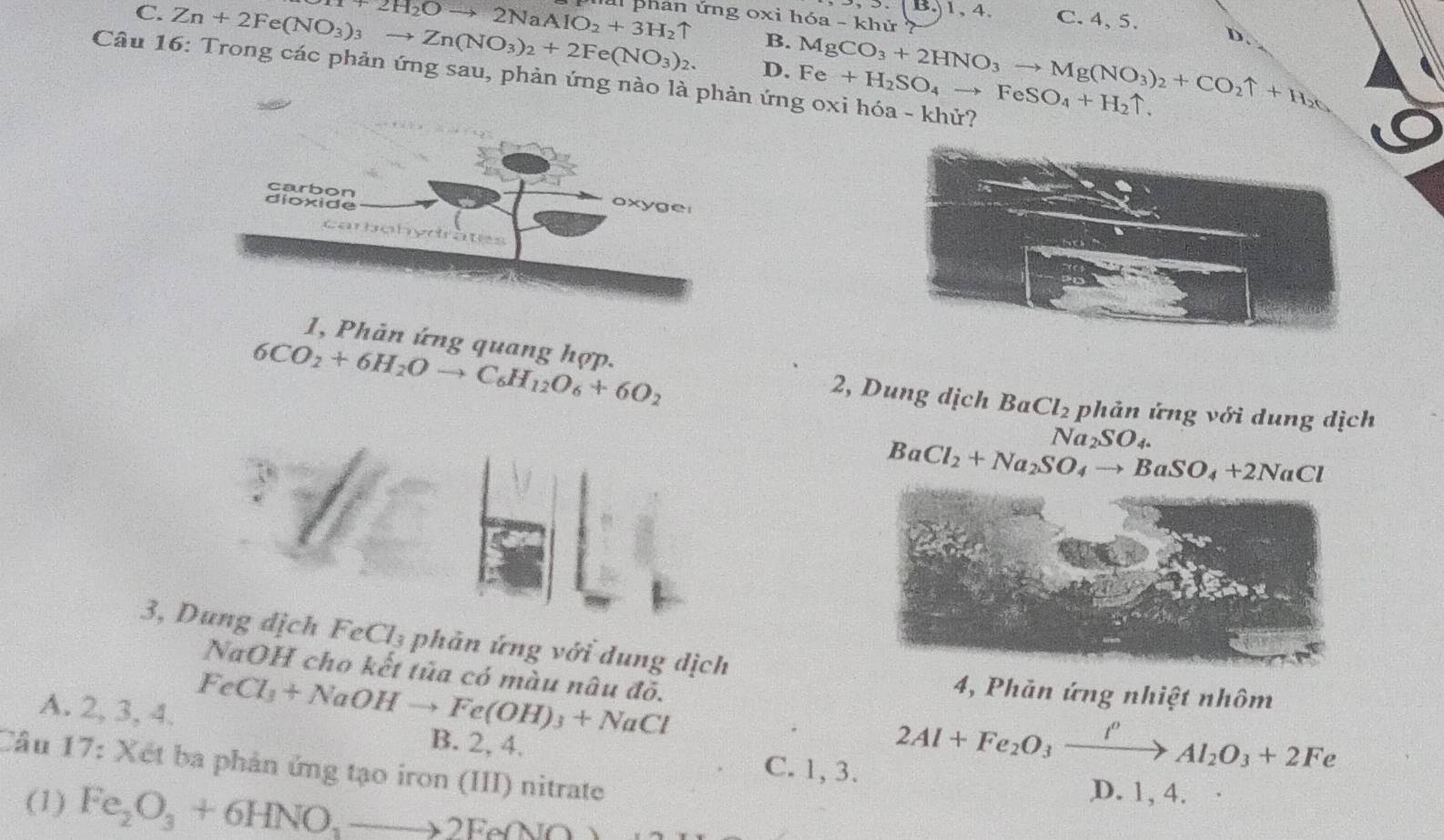 C. Zn+2Fe(NO_3)_3to Zn(NO_3)_2+2Fe(NO_3)_2. ai phân ứng oxi h6a - khử ?
3. ( B.) 1, 4. C. 4, 5. D.
+2H_2Oto 2NaAlO_2+3H_2uparrow B. MgCO_3+2HNO_3to Mg(NO_3)_2+CO_2uparrow +H_2O
D. Fe+H_2SO_4to FeSO_4+H_2uparrow. 
Câu 16: Trong các phản ứng sau, phản ứng nà ứng oxi hóa - khử?
6CO_2+6H_2Oto C_6H_12O_6+6O_2
1, Phản ứng quang hợp. 2, Dung dịch B aCl_2 phản ứng với dung dịch
Naz SO
BaCl_2+Na_2SO_4to BaSO_4+2NaCl
3, Dung dịch FeCl_3 phản ứng với dung dịch
NaOH cho kết tủa có màu nâu đỏ.
FeCl_3+NaOHto Fe(OH)_3+NaCl
4, Phản ứng nhiệt nhôm
A. 2, 3, 4. B. 2, 4. C. 1,3.
2Al+Fe_2O_3xrightarrow I^nAl_2O_3+2Fe
Câu 17: Xét ba phản ứng tạo iron (III) nitrate
(1) Fe_2O_3+6HNO_3to 2Fe(NO)
D. 1, 4.