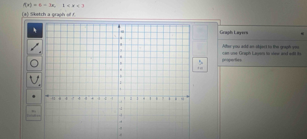 f(x)=6-3x, 1
(a) Sketch a graph of f. 
Graph Layers 《 
After you add an object to the graph you 
can use Graph Layers to view and edit its 
properties 
Fill 
No 
Selutio 
4