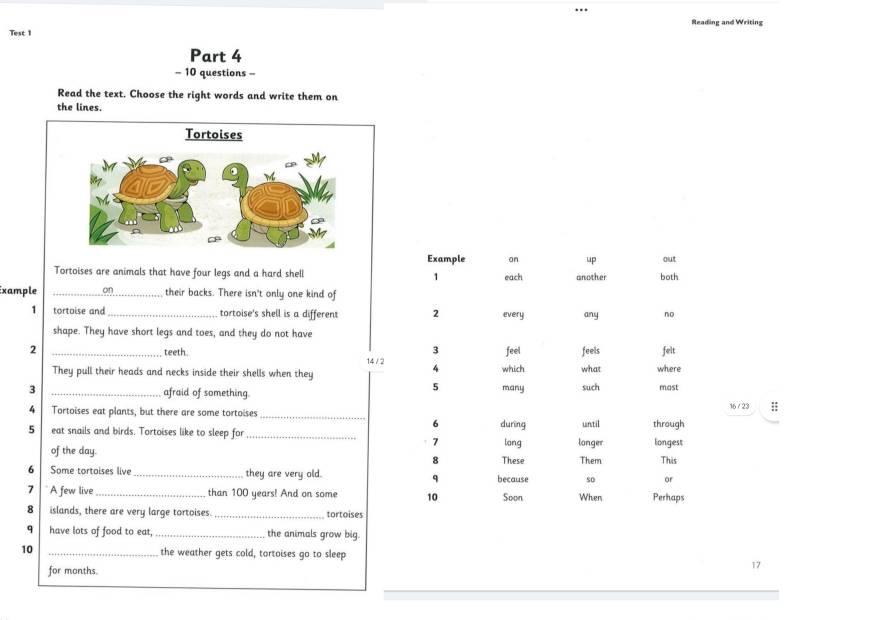 Test 1 Reading and Writing 
Part 4 
- 10 questions = 
Read the text. Choose the right words and write them on 
the lines. 
Example on up out 
Tortoises are animals that have four legs and a hard shell 1 each another both 
ixample _on their backs. There isn't only one kind of 
1 tortoise and _tortoise's shell is a different 2 every any no 
shape. They have short legs and toes, and they do not have 
2 _feels felt 
3 feel 
teeth. 14 / 2 4 
They pull their heads and necks inside their shells when they which what where 
5 
3 _afraid of something. many such mast
4 Tortoises eat plants, but there are some tortoises _through 16 / 23 : 
6 
5 eat snails and birds. Tortoises like to sleep for _during long longer until longest 
7 
of the day. These Them This 
8 
6 Some tortoises live_ they are very old. q because so or 
7 A few live_ than 100 years! And on some 10 Soon When Perhaps
8 islands, there are very large tortoises. _tortoises 
q have lots of food to eat, _the animals grow big. 
10 _the weather gets cold, tortoises go to sleep 
for months. 
17