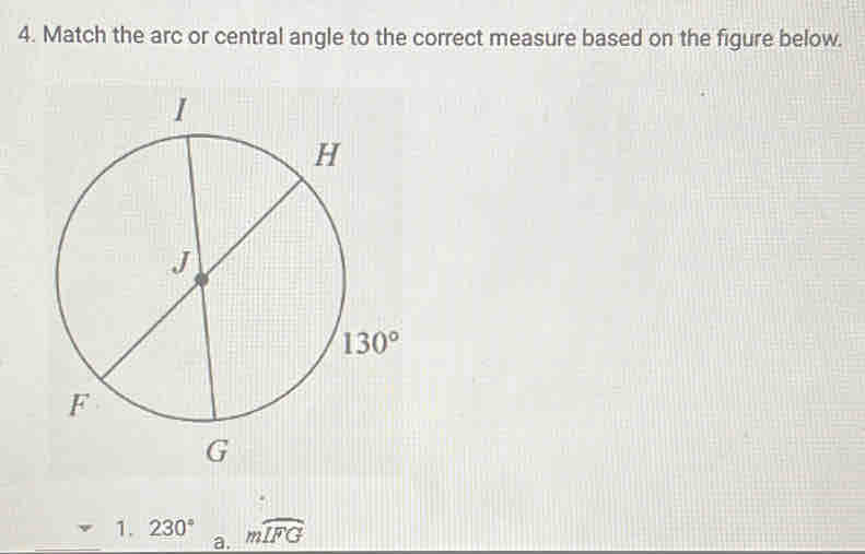 Match the arc or central angle to the correct measure based on the figure below.
1. 230° mwidehat IFG
a.