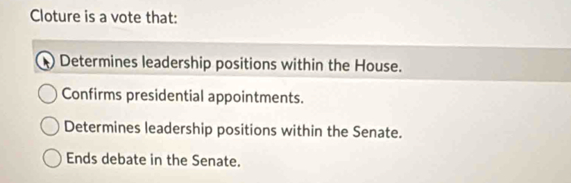 Cloture is a vote that:
Determines leadership positions within the House.
Confirms presidential appointments.
Determines leadership positions within the Senate.
Ends debate in the Senate.