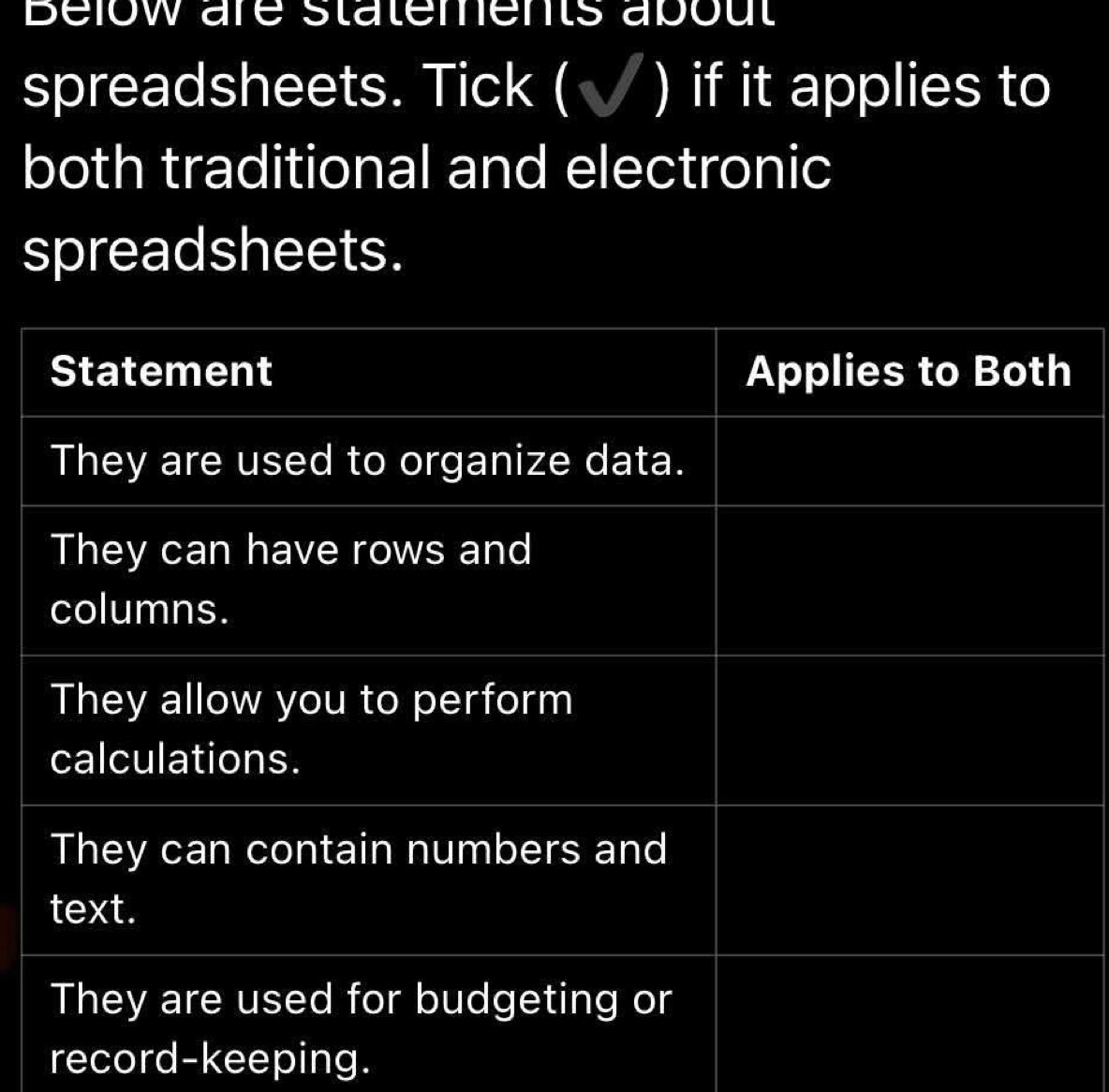 Beiow are statements apout 
spreadsheets. Tick (√ ) if it applies to 
both traditional and electronic 
spreadsheets. 
record-keeping.