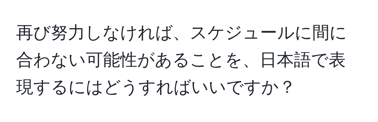 再び努力しなければ、スケジュールに間に合わない可能性があることを、日本語で表現するにはどうすればいいですか？