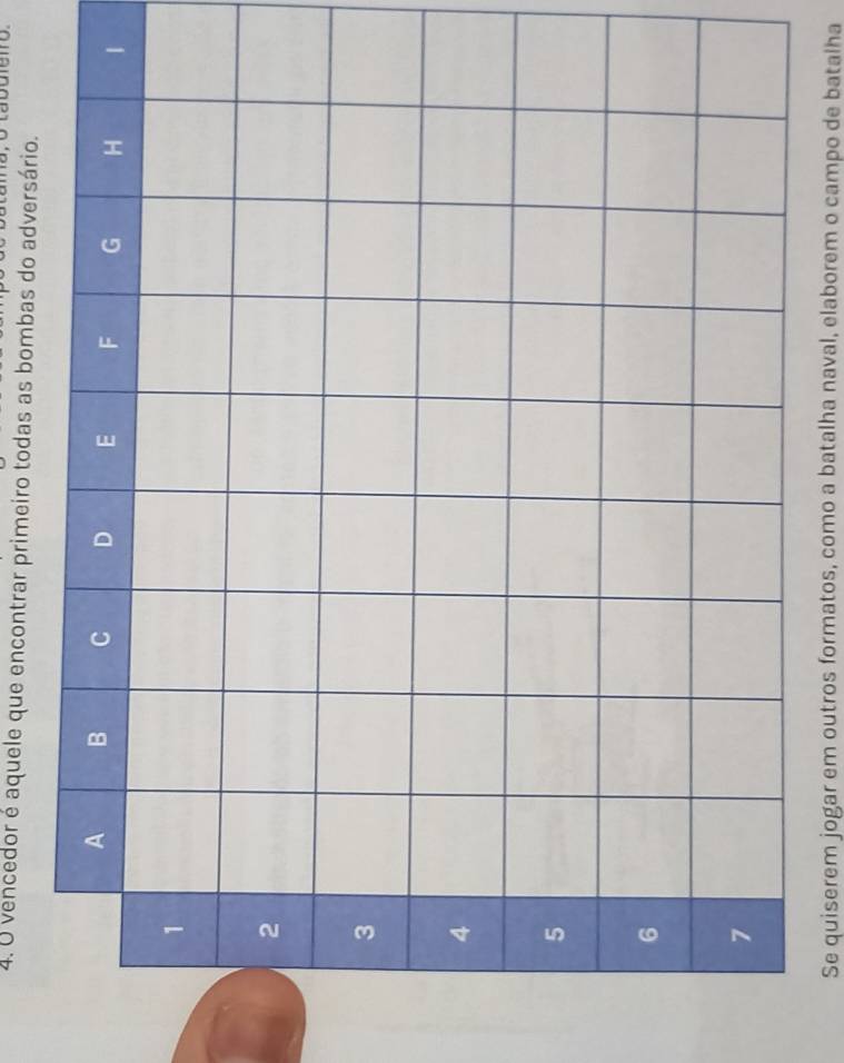 vencedor é aquele que encontrar primeiro todas as bombas do adversário. 
Se quiserem jogar em outros formatos, como a batalha naval, elaborem o campo de batalha