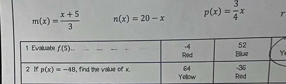 m(x)= (x+5)/3 
n(x)=20-x
p(x)= 3/4 x
r