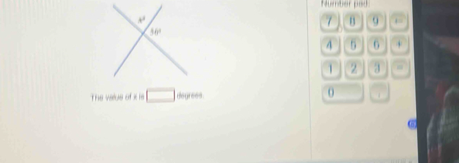 Number pad
7 n 9
4 5 6
1 2 a
The value of x is degrees. O
a