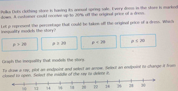 Polka Dots clothing store is having its annual spring sale. Every dress in the store is marked
down. A customer could receive up to 20% off the original price of a dress.
Let p represent the percentage that could be taken off the original price of a dress. Which
inequality models the story?
p>20 p≥ 20 p<20</tex> p≤ 20
Graph the inequality that models the story.
To draw a ray, plot an endpoint and select an arrow. Select an endpoint to change it from
closed to open. Select the middle of the ray to delete it.
10 12