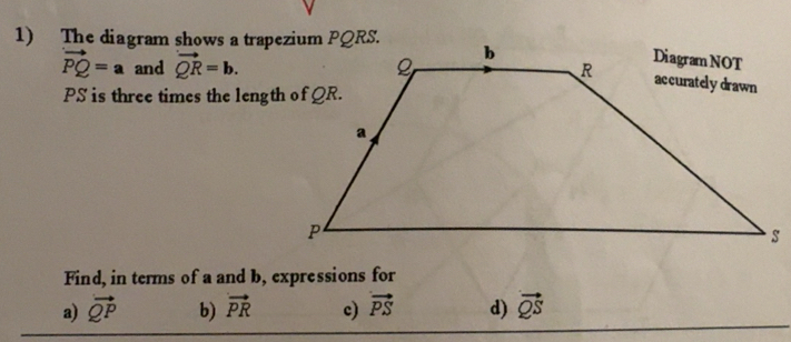 Solved: The diagram shows a trapezium vector PQ=a and vector QR=b. PS ...