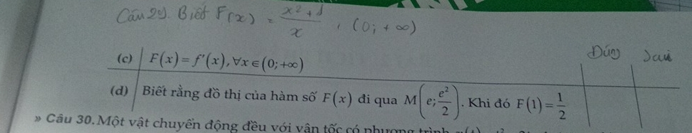 F(x)=f'(x), forall x∈ (0;+∈fty )
(d) Biết rằng đồ thị của hàm số F(x) đi qua M(e; e^2/2 ). Khi đó F(1)= 1/2 
* Câu 30.Một vật chuyển động đều với vận tốc có nhương trì