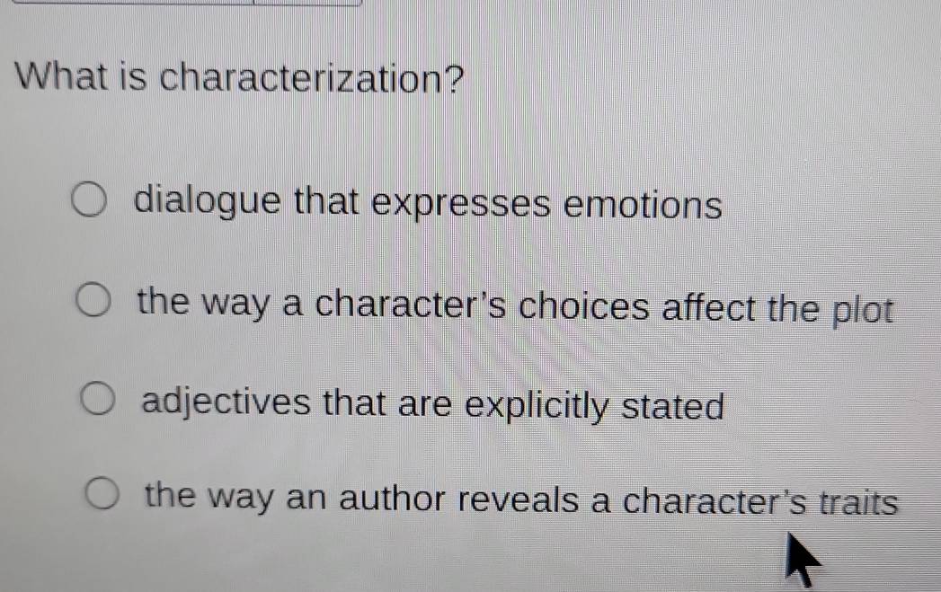 Solved: What is characterization? dialogue that expresses emotions the ...