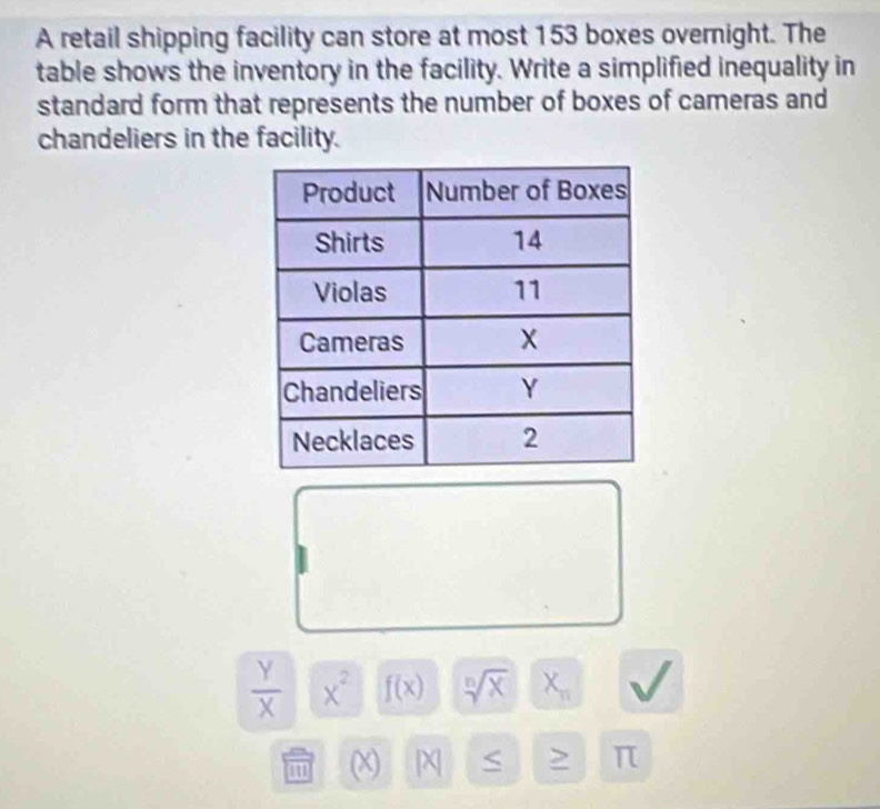 A retail shipping facility can store at most 153 boxes overnight. The 
table shows the inventory in the facility. Write a simplified inequality in 
standard form that represents the number of boxes of cameras and 
chandeliers in the facility.
 Y/X  x^2 f(x) sqrt[n](x) X_n
' (X) [X] > π