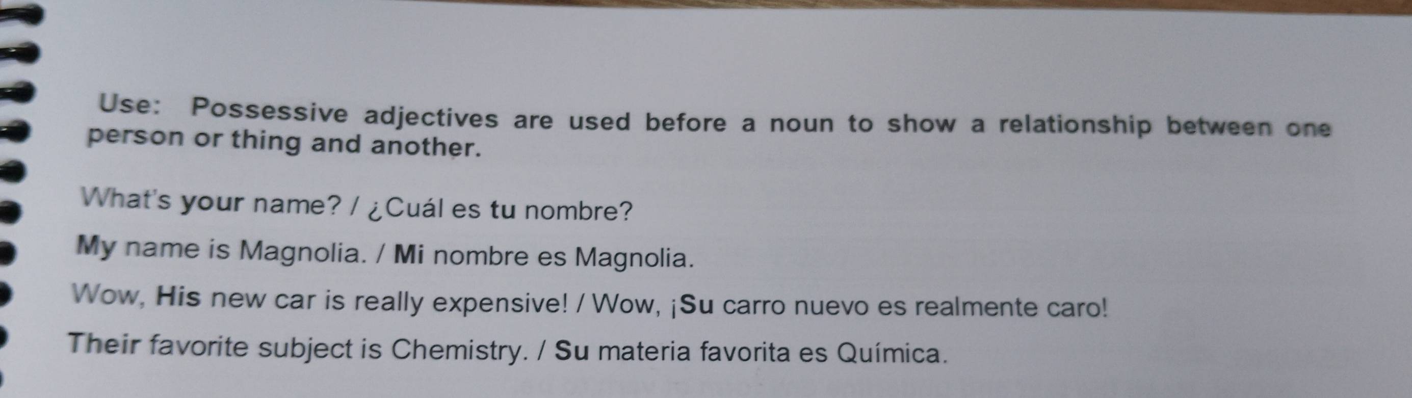 Use: Possessive adjectives are used before a noun to show a relationship between one 
person or thing and another. 
What's your name? / ¿Cuál es tu nombre? 
My name is Magnolia. / Mi nombre es Magnolia. 
Wow, His new car is really expensive! / Wow, ¡Su carro nuevo es realmente caro! 
Their favorite subject is Chemistry. / Su materia favorita es Química.