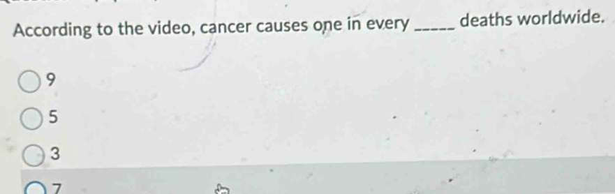 According to the video, cancer causes one in every _deaths worldwide.
9
5
3
7