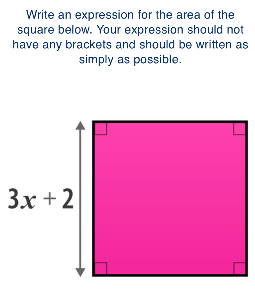 Write an expression for the area of the
square below. Your expression should not
have any brackets and should be written as
simply as possible.