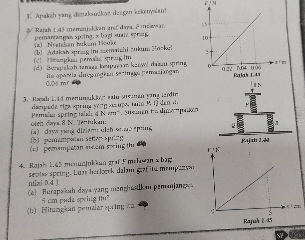 Apakah yang dimaksudkan dengan kekenyalan?
2. Rajah 1.43 menunjukkan graf daya, F melawan 
pemanjangan spring, x bagi suatu spring.
(a) Nyatakan hukum Hooke.
(b) Adakah spring itu mematuhi hukum Hooke?
(c) Hitungkan pemalar spring itu.
(d) Berapakah tenaga keupayaan kenyal dalam spring
itu apabila diregangkan sehingga pemanjangan
0.04 m? 8 N
3. Rajah 1.44 menunjukkan satu susunan yang terdiri
daripada tiga spring yang serupa, iaitu P, Q dan R.
P
Pemalar spring ialah 4Ncm^(-1). Susunan itu dimampatkan
oleh daya 8 N. Tentukan: R
(a) daya yang dialami oleh setiap spring Q
(b) pemampatan setiap spring
Rajah 1.44
(c) pemampatan sistem spring itu
4. Rajah 1.45 menunjukkan graf F melawan x bagi
seutas spring. Luas berlorek dalam graf itu mempunyai
nilai 0.4 J.
(a) Berapakah daya yang menghasilkan pemanjangan
5 cm pada spring itu?
(b) Hitungkan pemalar spring itu.
Rajah 1.45
SP 194