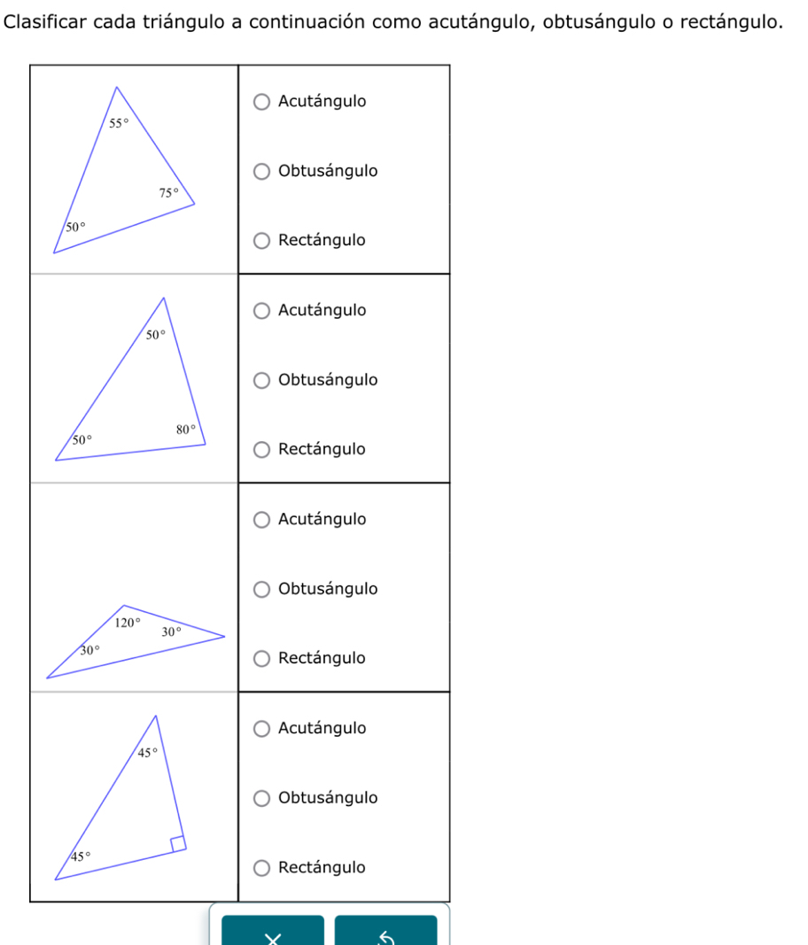 Clasificar cada triángulo a continuación como acutángulo, obtusángulo o rectángulo.