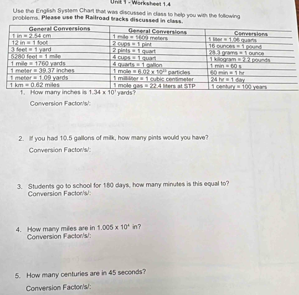 Solved: Worksheet 1.4 Use the English System Chart that was discussed ...