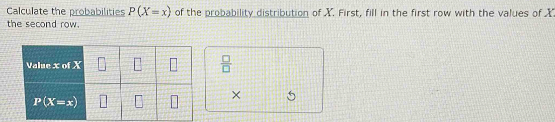 Calculate the probabilities P(X=x) of the probability distribution of X. First, fill in the first row with the values of X
the second row.
 □ /□  
×