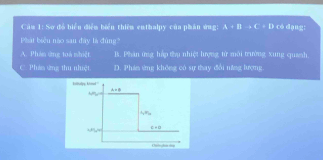 Cầu 1: Sơ đồ biểu diễn biển thiên enthalpy của phân ứng: A+Bto C+D có dạng:
Phát biểu nào sau đây là đủng?
A. Phản ứng toà nhiệt. B. Phản ứng hấp thụ nhiệt lượng từ môi trường xung quanh.
C. Phản ứng thu nhiệt. D. Phân ứng không có sự thay đổi năng lượng.
Enthopy kJmol^(-1)
A+B
A_1H_2/ve
∴ l_y||_(10)^x
3_(1757,0)°59
C+O
Chiếu phia ứng