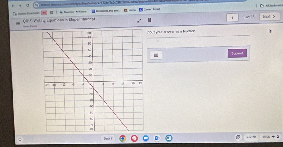 All flookmarks 
dent Blookmarks Overvis - Mylduca .. Homswark that nes. Home Clever | Portal 
13 of 13 Next > 
QUIZ: Writing Equations in Slope Intercept... 
Euses Evona 
nput your answer as a fraction. 
Submit 
Desk 1 Nov 22 10:56