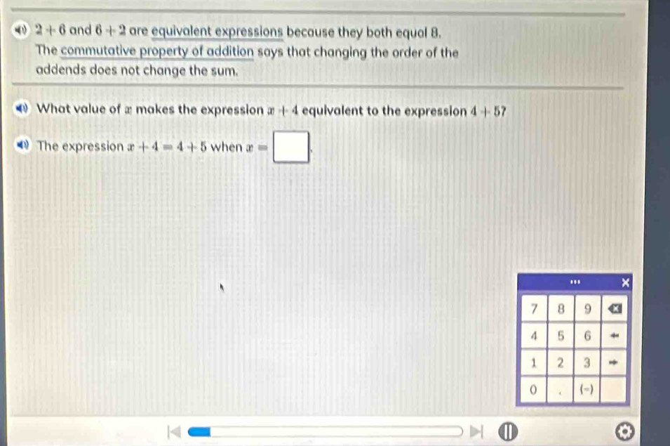 2+6 and 6+2 are equivalent expressions because they both equal 8. 
The commutative property of addition says that changing the order of the 
addends does not change the sum. 
What value of ≌ makes the expression x+4 equivalent to the expression 4+5 7 
The expression x+4=4+5 when x=□.