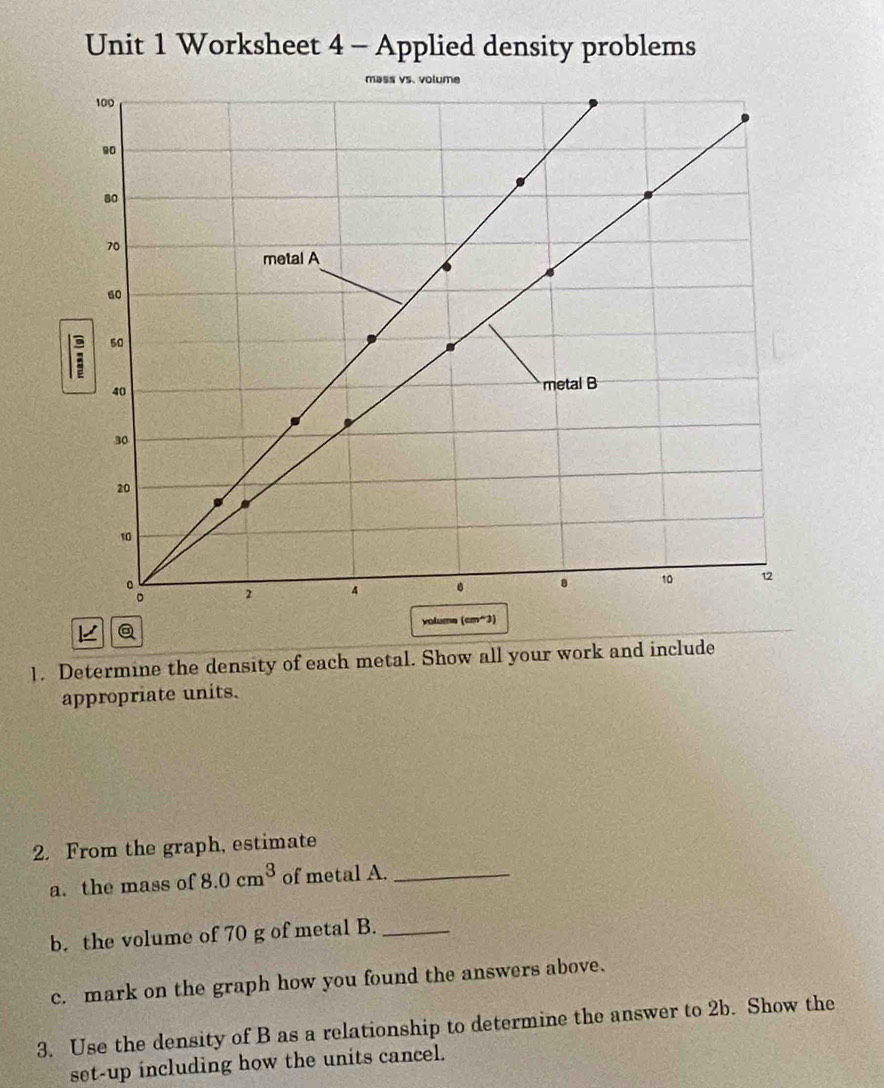 Worksheet 4 - Applied density problems 
1. Determine the density of each metal. Show all your work and include 
appropriate units. 
2. From the graph, estimate 
a. the mass of 8.0cm^3 of metal A._ 
b. the volume of 70 g of metal B._ 
c. mark on the graph how you found the answers above. 
3. Use the density of B as a relationship to determine the answer to 2b. Show the 
set-up including how the units cancel.