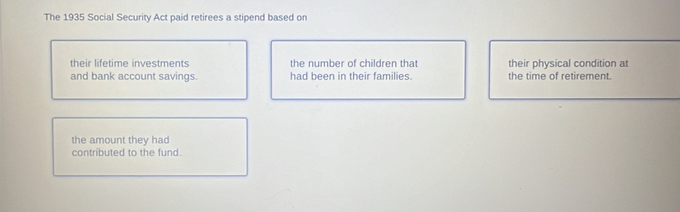The 1935 Social Security Act paid retirees a stipend based on 
their lifetime investments the number of children that their physical condition at 
and bank account savings. had been in their families. the time of retirement. 
the amount they had 
contributed to the fund.